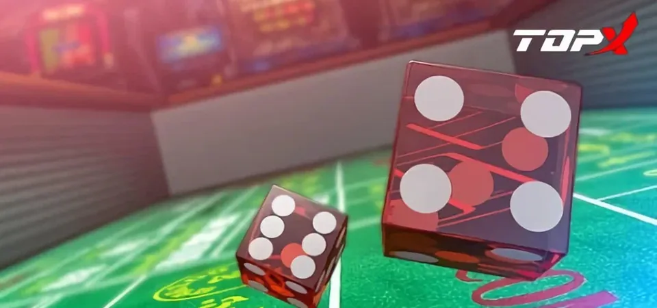 Dados vermelhos caindo sobre uma mesa de cassino iluminada